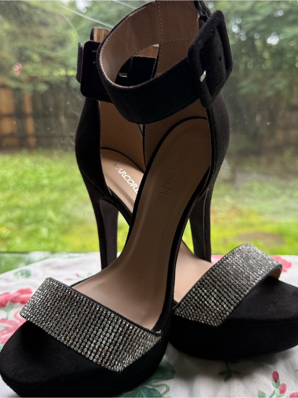 Macro Republic  Black Suede Rhinestone  Platform  Heels.